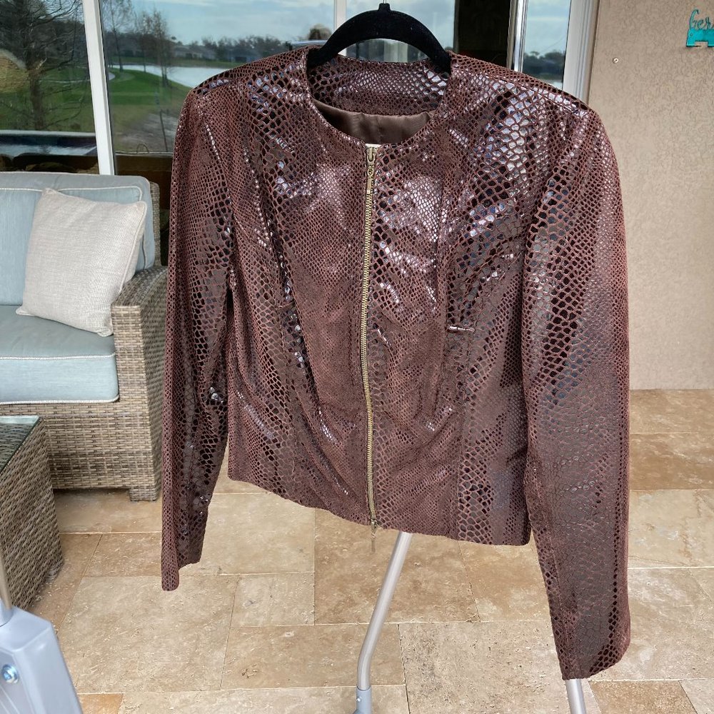 Cache Vintage Brown Leather and Suede Embossed Cropped Snake Print Jacket Size 4